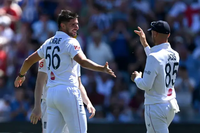 Josh Tongue celebrates the wicket of Josh Inglis