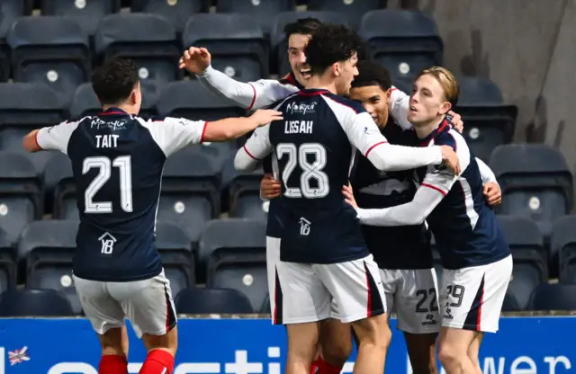 The Falkirk team celebrate Brian Graham's goal to make it 1-0 during a William Hill Premiership match between Kilmarnock and Falkirk at the BBSP Stadium Rugby Park, on December 20, 2025, in Kilmarnock