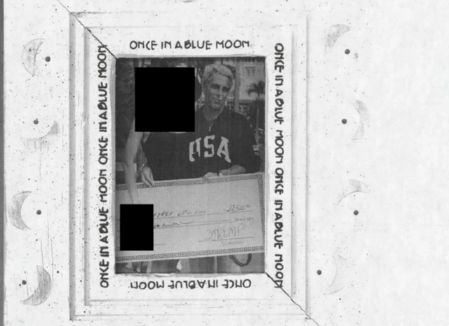 A black and white scanned document shows Jeffrey Epstein holding an oversized cheque
