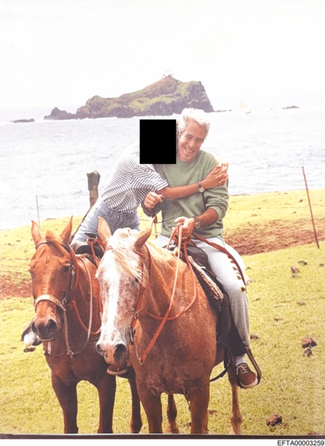 Epstein pictured riding a horse alongside woman whose face has been redacted