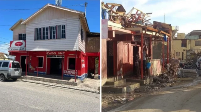 Before and after pictures of a bar, one intact and one with the roof caved in after a hurricane