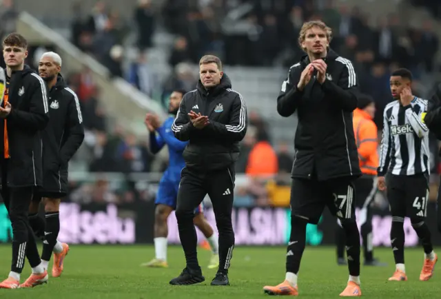 Newcastle United manager Eddie Howe, Newcastle United's Nick Woltemade and Newcastle United's Joelinton react after the match v Chelsea.