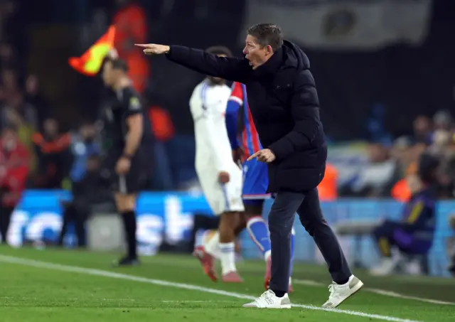 Crystal Palace manager Oliver Glasner reacts during Premier League fixture between Leeds United and Crystal Palace.