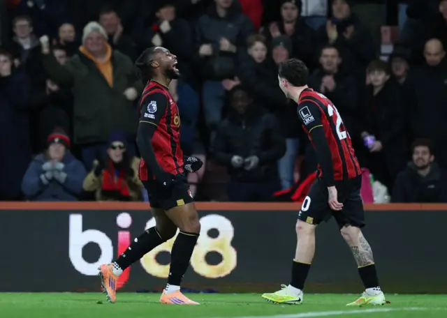 AFC Bournemouth's Antoine Semenyo celebrates scoring their first goal with AFC Bournemouth's Alex Jimenez v Burnley, Premier League.