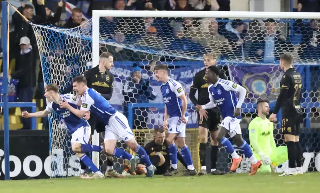 Glenavon celebrate a goal against Linfield