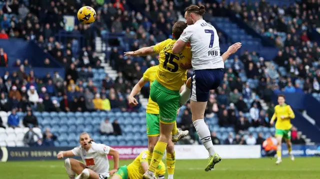Will Keane heads in Preston's equaliser against Norwich