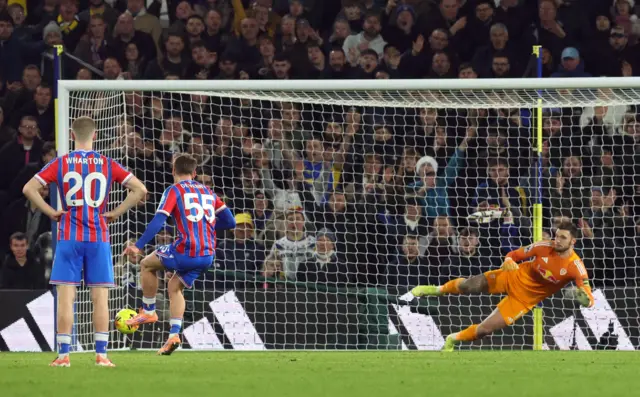 Crystal Palace's Justin Devenny scores their first goal from the penalty spot during Premier League fixture Leeds United v Crystal Palace.