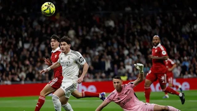 : Fran Garcia of Real Madrid reacts after missing a chance during the LaLiga EA Sports match between Real Madrid CF and Sevilla FC