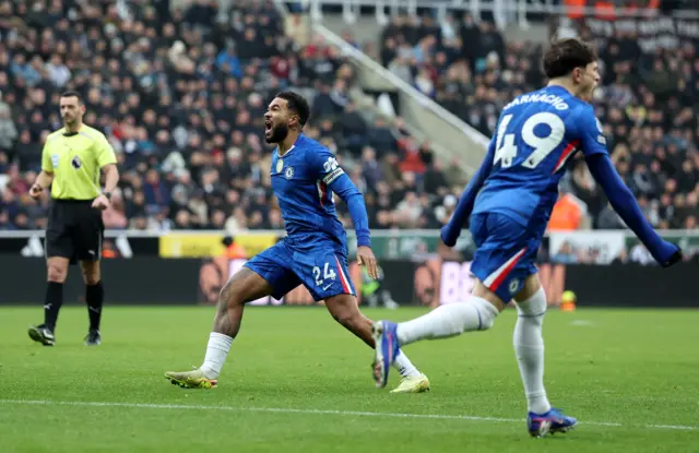 Chelsea's Reece James celebrates scoring their first goal at St. James' Park v Newcastle.