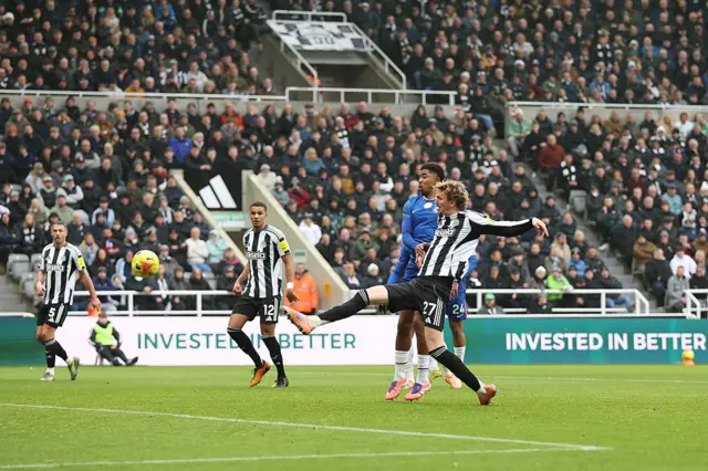 Nick Woltemade of Newcastle United scores his team's second goal during the Premier League match between Newcastle United and Chelsea at St James' Park on December 20, 2025 in Newcastle upon Tyne, England.