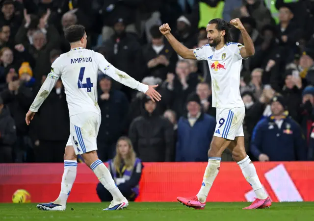 Dominic Calvert-Lewin of Leeds United celebrates scoring his team's second goal with teammate Ethan Ampadu during the Premier League match between Leeds United and Crystal Palace at Elland Road.