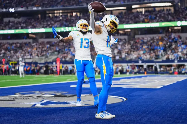 Ladd McConkey #15 of the Los Angeles Chargers celebrates after scoring a touchdown against the Dallas Cowboys during the first half of an NFL football game