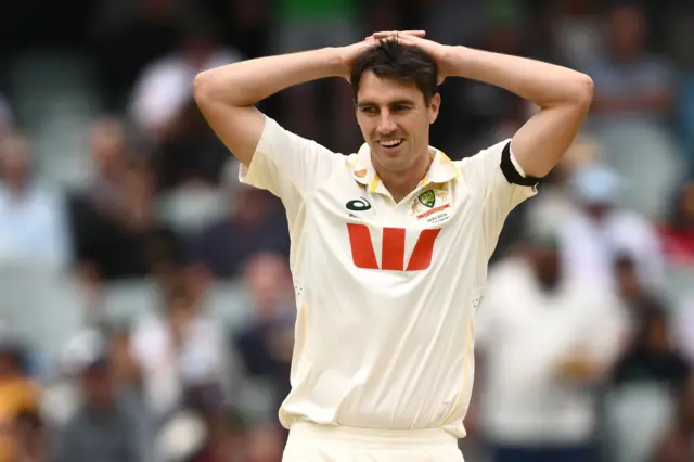 Pat Cummins of Australia reacts during Day 5 of the Third Men's Ashes Test between Australia and England at the Adelaide Oval in Adelaide, Australia