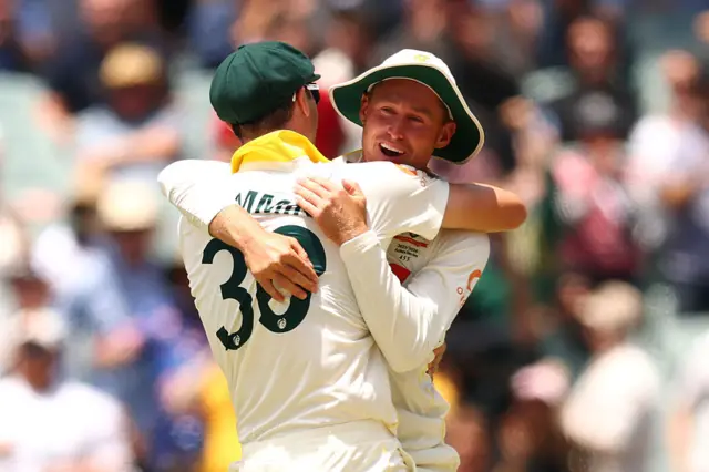 Marnus Labuschagne is mobbed for taking a catch to dismiss Will Jacks