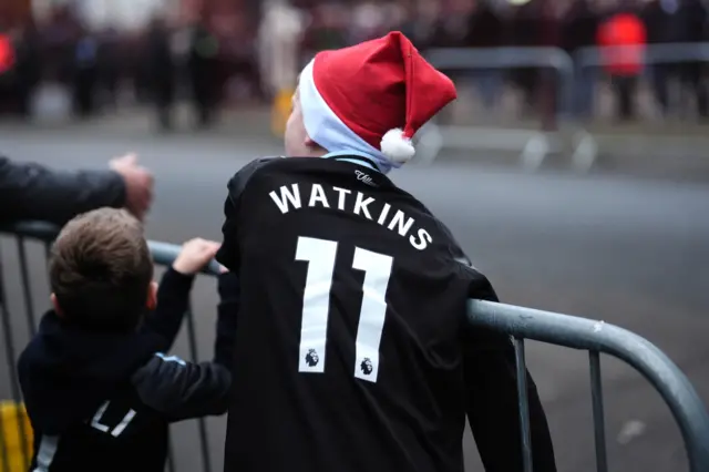 A fan wearing a Christmas hat before the Premier League match at Villa Park, Birmingham. Picture date: Sunday December 21, 2025.