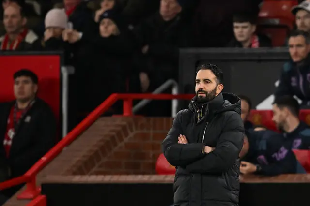 Manchester United's Portuguese head coach Ruben Amorim gestures from the touchline during the English Premier League football match between Manchester United and Bournemouth at Old Trafford in Manchester,