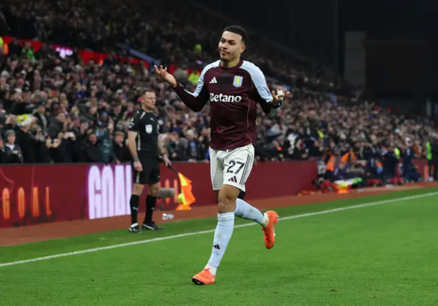 Aston Villa's Morgan Rogers celebrates scoring their second goal in Premier League fixture v Manchester United, December 21 2025.