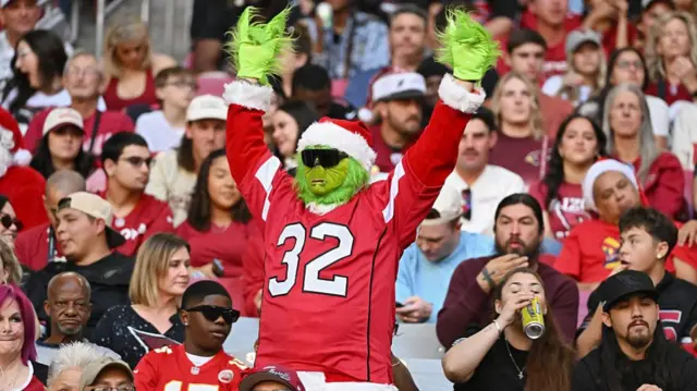 A man dressed as the grinch wearing an Arizona Cardinals jersey.