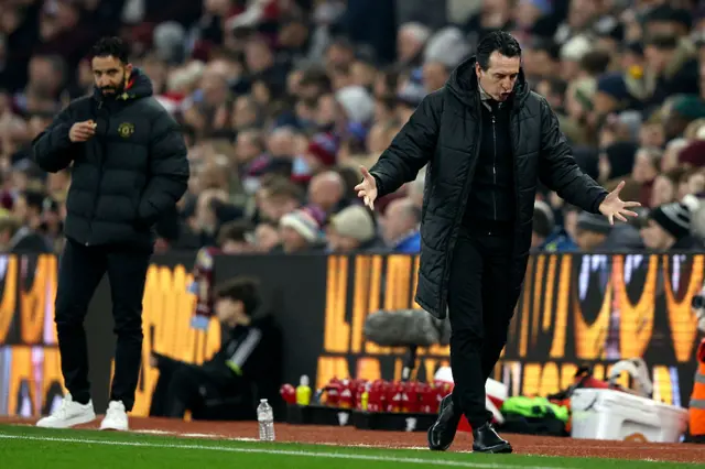 Unai Emery, Manager of Aston Villa reacts on the side line during the Premier League match between Aston Villa and Manchester United at Villa Park on December 21, 2025 in Birmingham, England