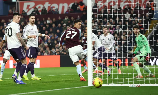 Aston Villa's Morgan Rogers misses a chance to score