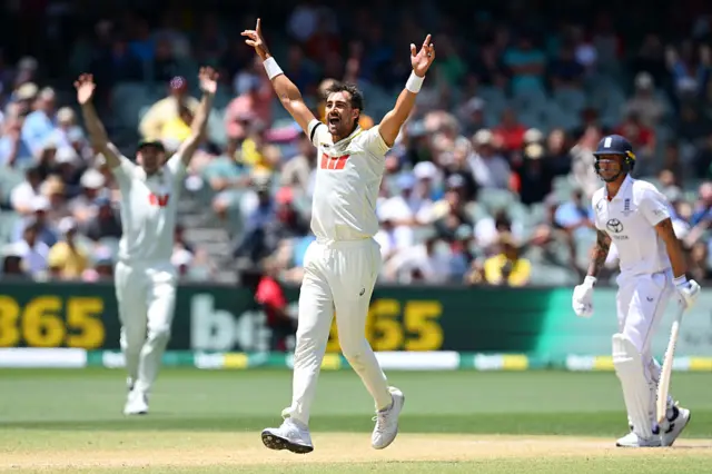 Mitchell Starc appeals for lbw against Brydon Carse