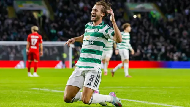 Benjamin Nygren celebrates after scoring for Celtic against Aberdeen