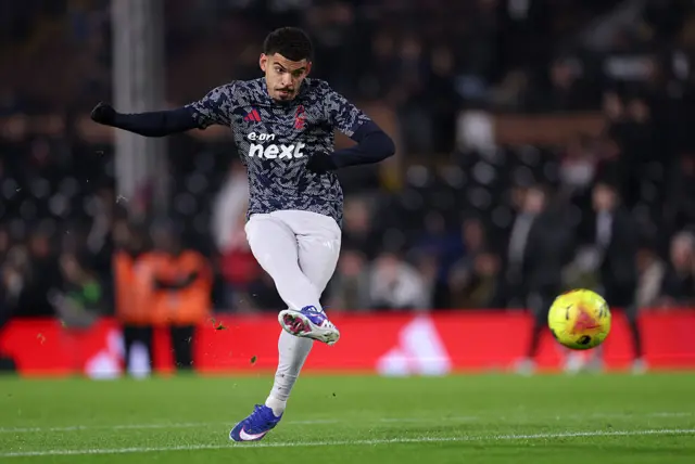 Morgan Gibbs-White of Nottingham Forest warms up prior to the Premier League match between Fulham and Nottingham Forest at Craven Cottage on December 22, 2025 in London, England.