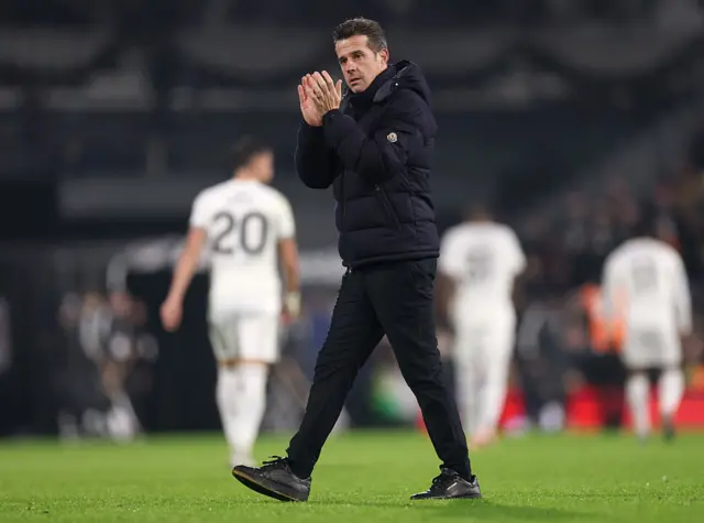 Marco Silva, Manager of Fulham, applauds the fans after the team's victory in the Premier League match between Fulham and Nottingham Forest at Craven Cottage on December 22, 2025 in London, England.