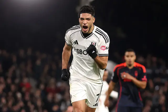 Raul Jimenez of Fulham celebrates scoring his team's first goal during the Premier League match between Fulham and Nottingham Forest at Craven Cottage on December 22, 2025 in London, England.