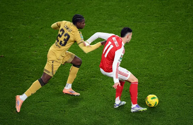 Gabriel Martinelli battles against Crystal Palace defender Jaydee Canvot.