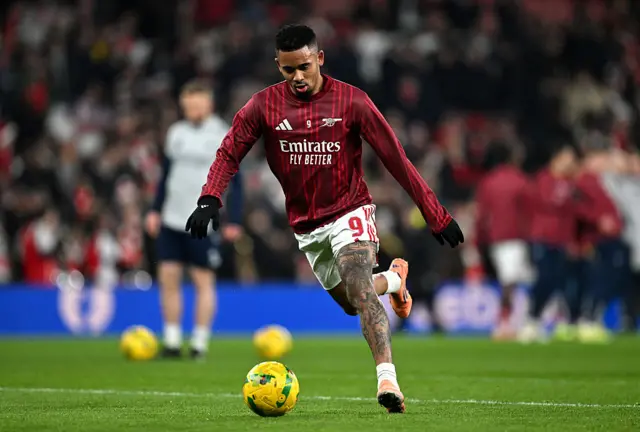 Gabriel Jesus warms up ahead of Arsenal's League Cup quarter-final against Crystal Palace