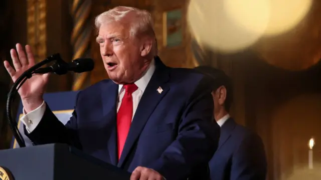 U.S. President Donald Trump attends a press conference, as he makes an announcement about the Navy's "Golden Fleet" at Mar-a-lago