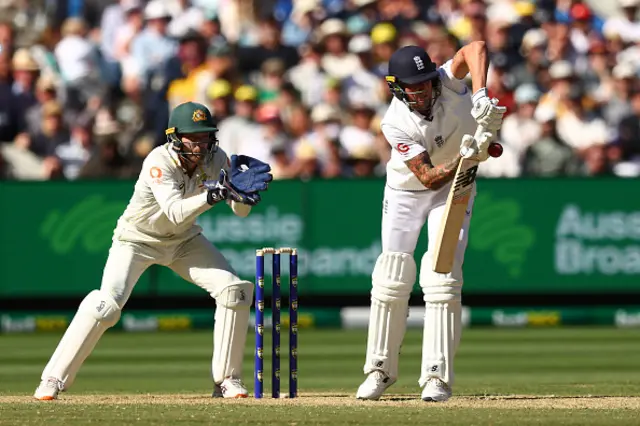 Brydon Carse of England is struck on the hand by the ball whilst batting