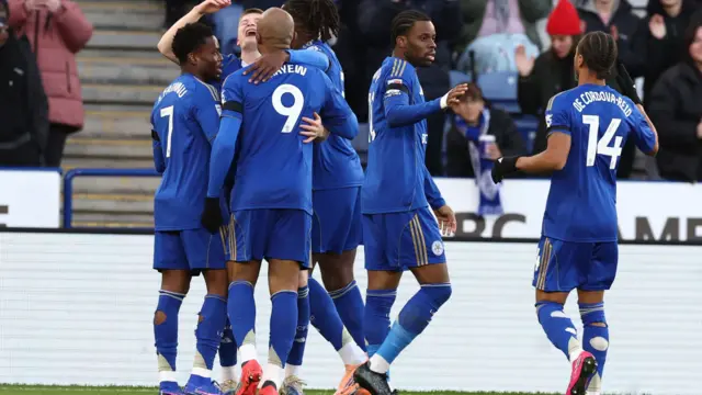 Leicester players celebrate Jordan James' goal