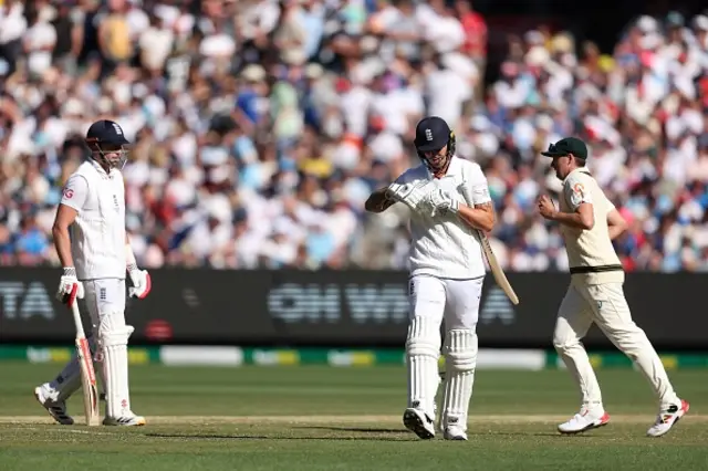 England's Brydon Carse leaves the field after being dismissed