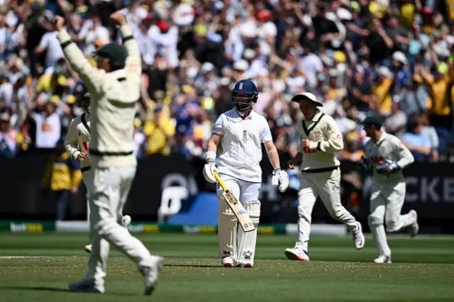 Ben Duckett of England leaves the field after being dismissed