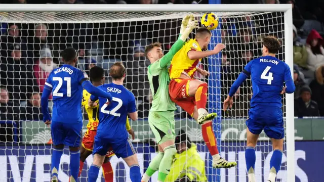 Mattie Pollock heads Watford into the lead at Leicester