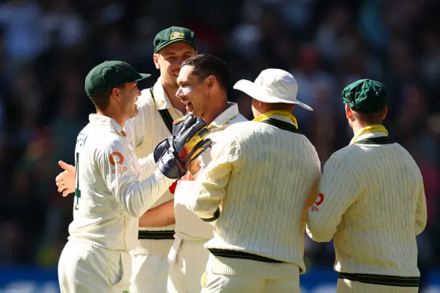 Scott Boland of Australia celebrates the wicket of Will Jacks
