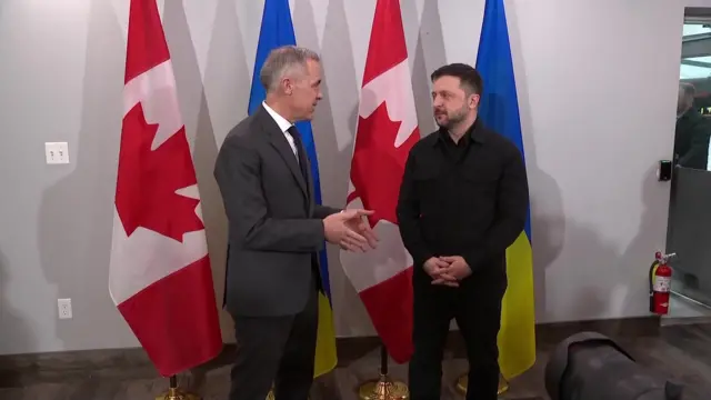 Mark Carney stands next to Zelensky in front of a row of flags