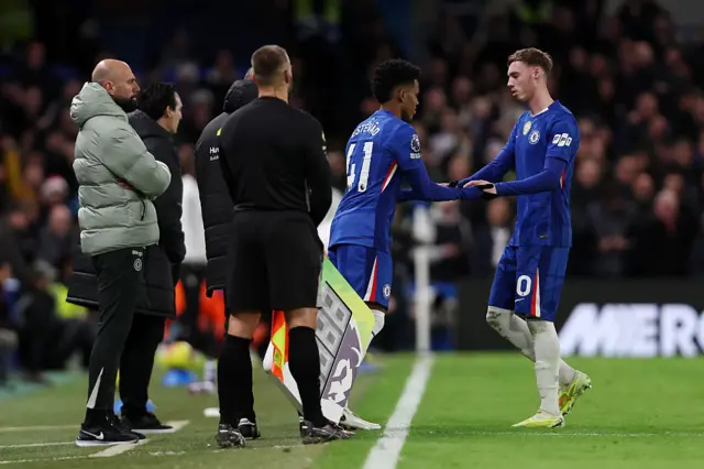 Estevao of Chelsea is substituted on for Cole Palmer of Chelsea during the Premier League match between Chelsea and Aston Villa at Stamford Bridge on December 27, 2025 in London, England.