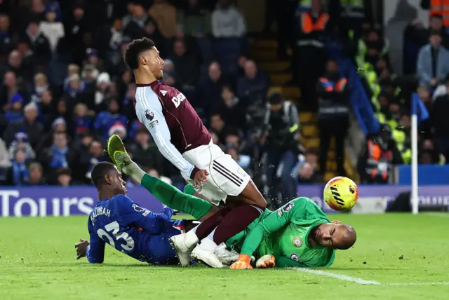 Chelsea's Trevoh Chalobah and Chelsea's Robert Sanchez in action as Aston Villa's Ollie Watkins scores their first goal