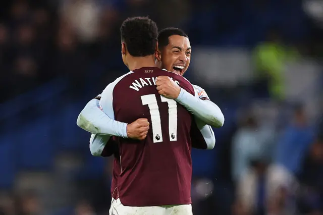 Youri Tielemans and Ollie Watkins of Aston Villa embrace