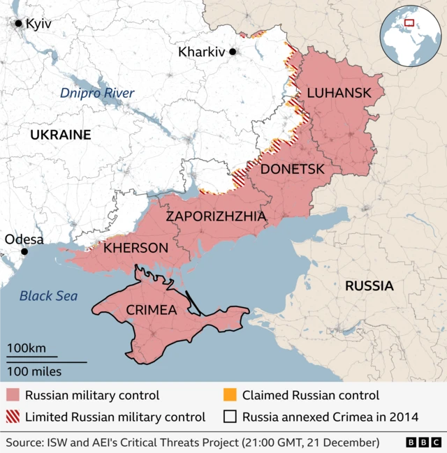 Map showing which areas of east of Ukraine are under Russian military control or limited Russian control highlighting the regions of Luhansk, Donetsk, Zaporizhzhia, Kherson and Crimea