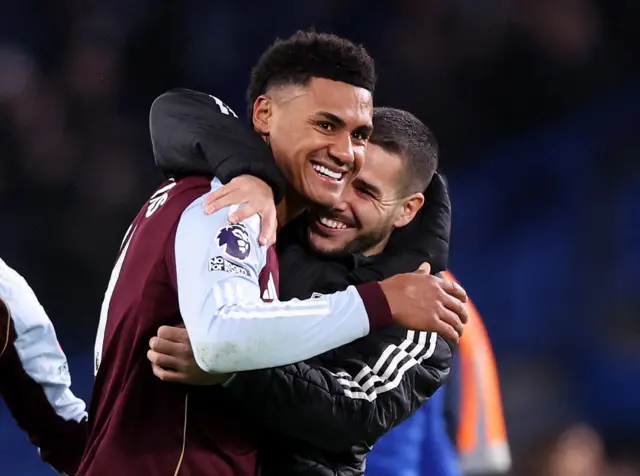 Aston Villa's Ollie Watkins and Emiliano Buendia celebrate after the match
