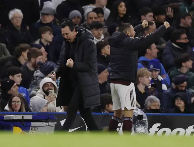 Aston Villa manager Unai Emery celebrates after Ollie Watkins scores their second goal