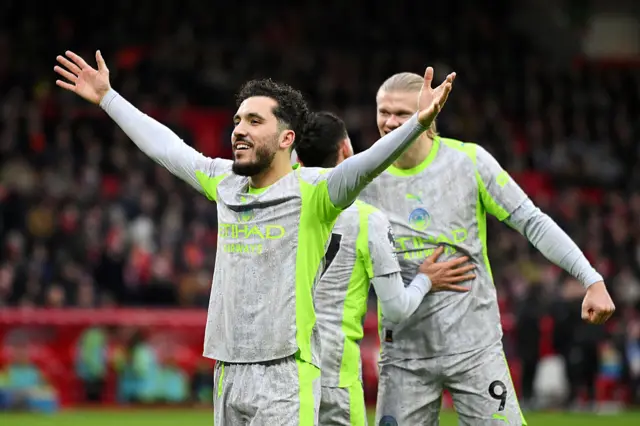 Rayan Cherki of Manchester City celebrates scoring his team's second goal d