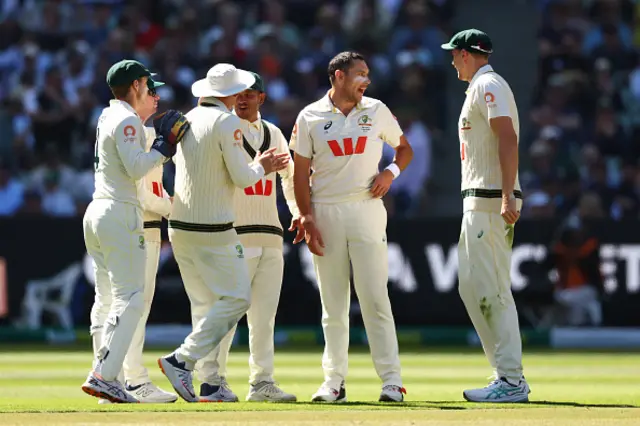 Scott Boland of Australia celebrates the wicket of Jacob Bethell