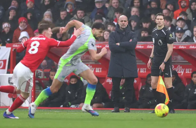Pep Guardiola, Manager of Manchester City, looks on during the Premier League match between Nottingham Forest and Manchester City at the City Ground on December 27, 2025 in Nottingham, England.