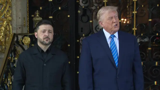 Trump speaking on the steps of Mar-a-Lago, Zelensky stands next to him