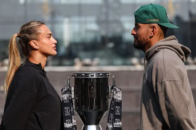 Aryna Sabalenka (L) and Australia's Nick Kyrgios face off